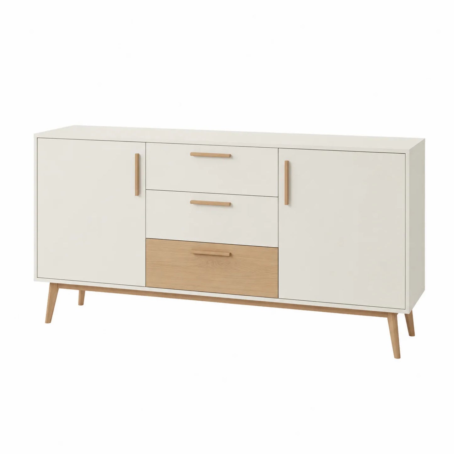 Credenza in MDF e Faggio Bianco/Naturale 120x40x85 cm con 3 Cassetti e 2 Ante