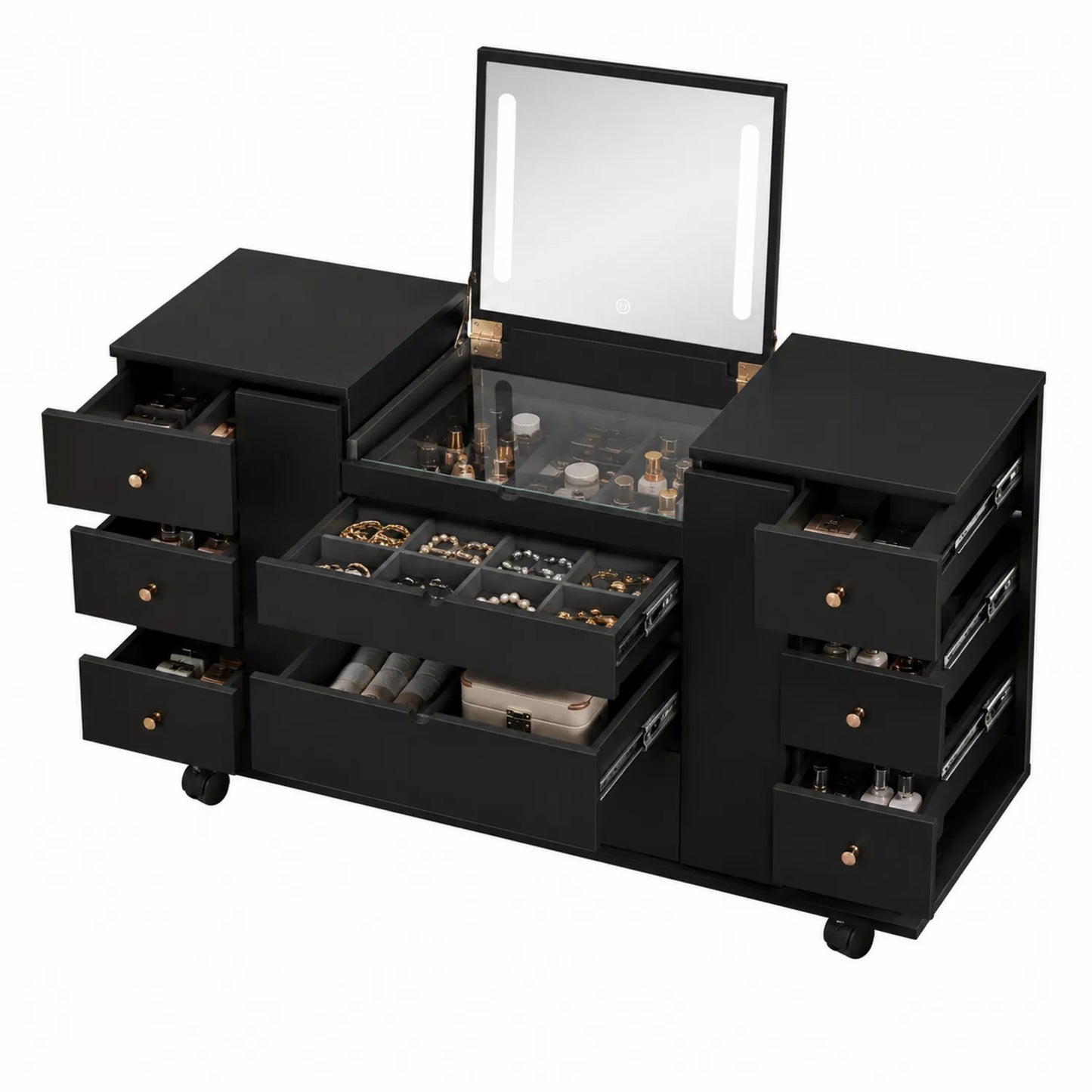 Toletta multifunzione in MDF nero con specchio e cassetti