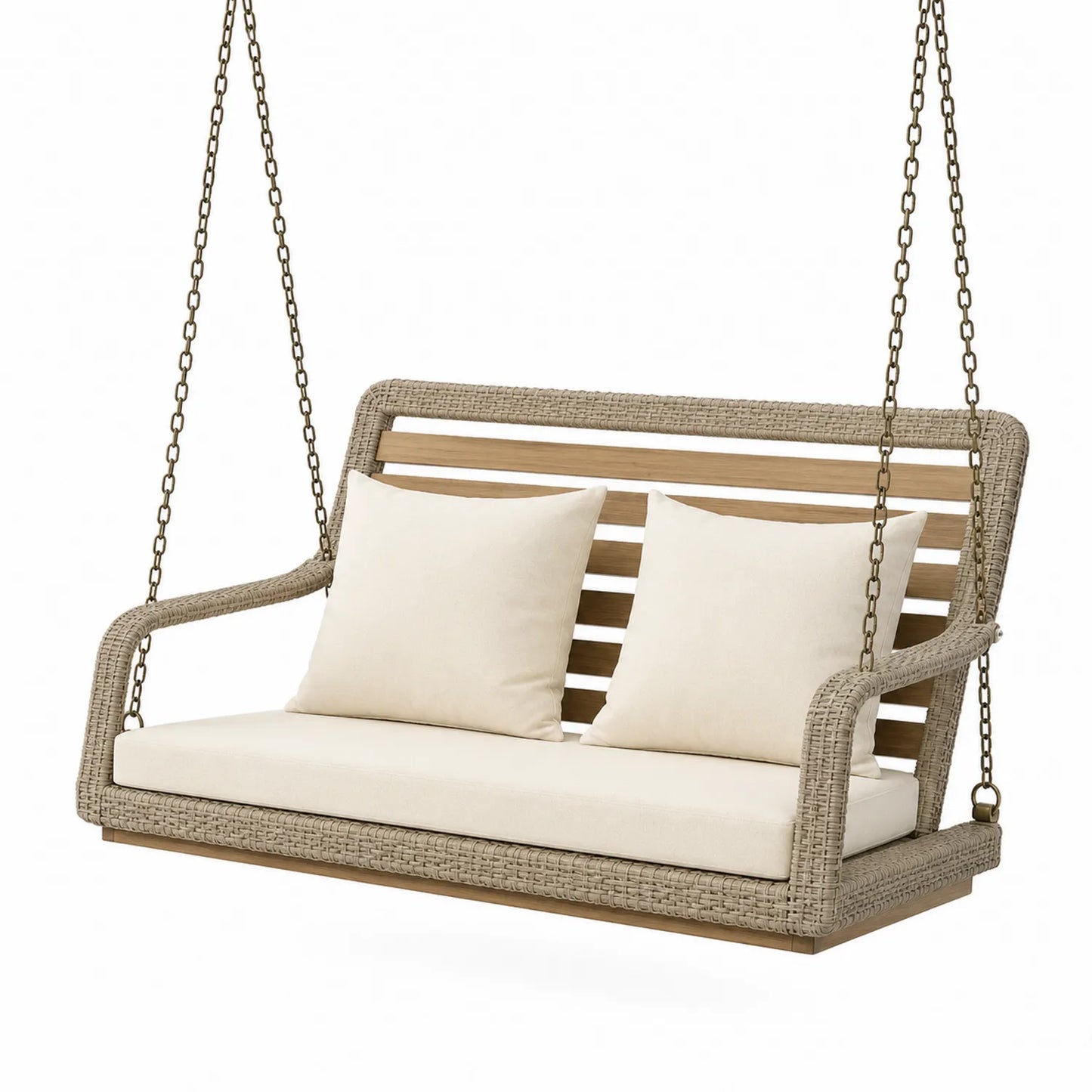 Sedia a dondolo sospesa in legno con corda e cuscini beige