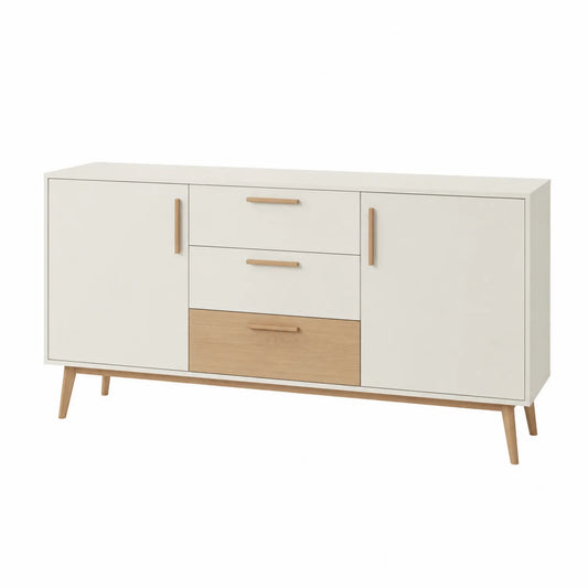 Credenza in MDF e Faggio Bianco/Naturale 120x40x85 cm con 3 Cassetti e 2 Ante