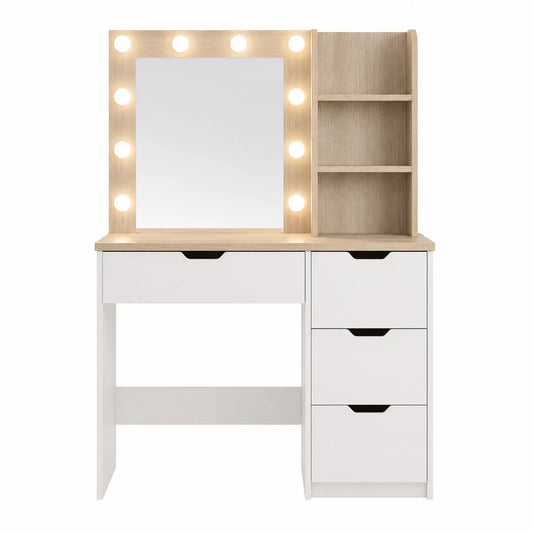 Toeletta con Specchio Luminoso in Legno e MDF Bianco