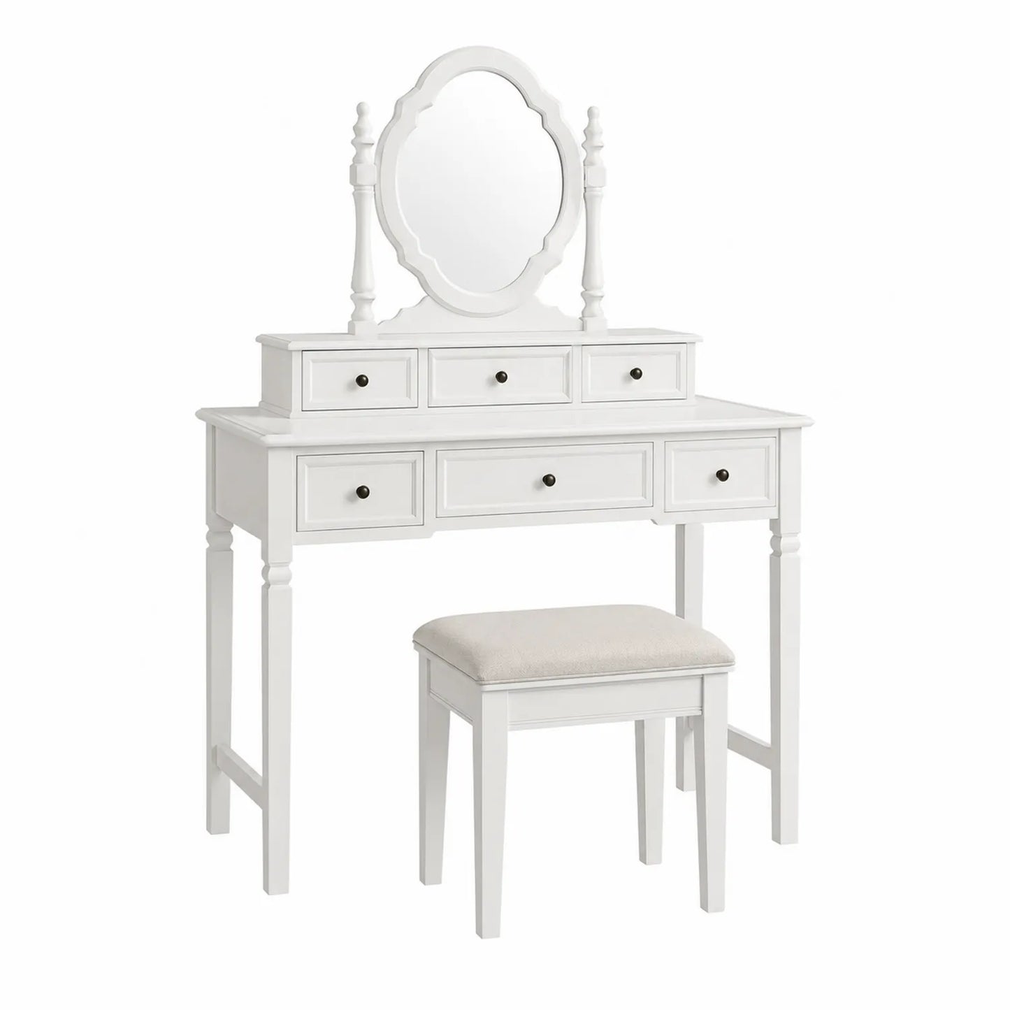 Toeletta in Legno Bianco con Specchio Ovale e Sgabello