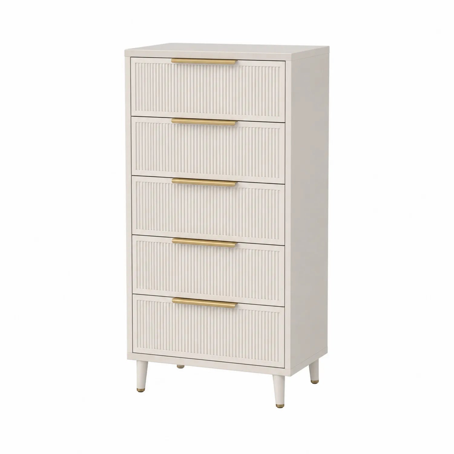 Cassettiera in Legno Bianco con 5 Cassetti e Maniglie Dorate